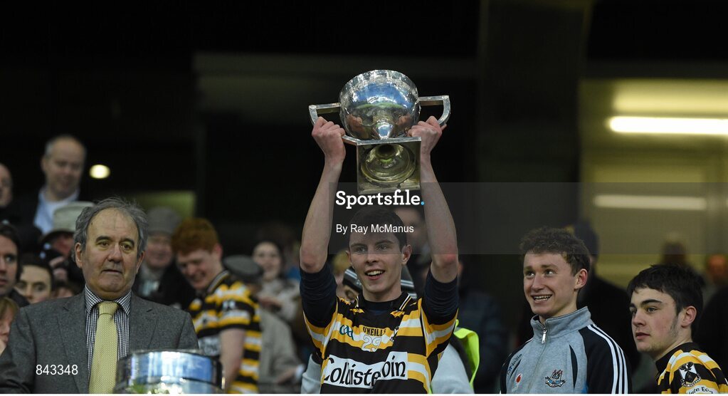 23 January 2013; Cian Mac Cearbhaill, Coláiste Eoin, lifts the cup. Leinster Colleges Senior Football Championship Final, Coláiste Eoin v Marist Athlone. Croke Park, Dublin. Picture credit: Ray McManus / SPORTSFILE