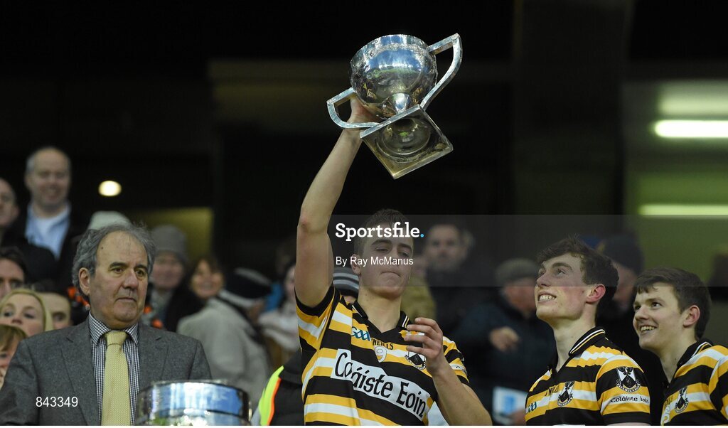23 January 2013; Conchur O Cathasaigh, Coláiste Eoin, lifts the cup. Leinster Colleges Senior Football Championship Final, Coláiste Eoin v Marist Athlone. Croke Park, Dublin. Picture credit: Ray McManus / SPORTSFILE