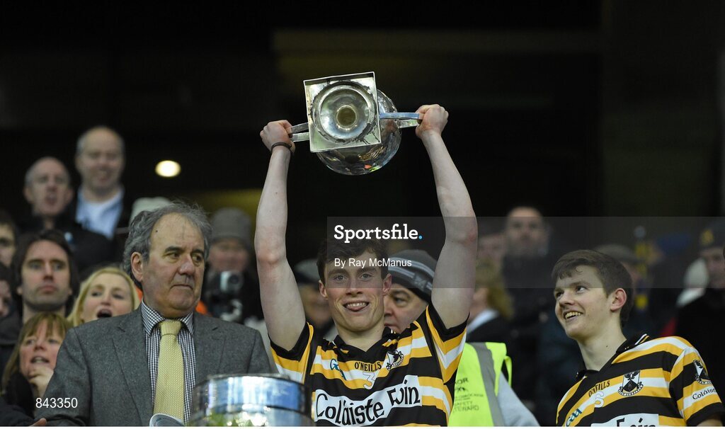 23 January 2013; Oisin O Duill, Coláiste Eoin, lifts the cup. Leinster Colleges Senior Football Championship Final, Coláiste Eoin v Marist Athlone. Croke Park, Dublin. Picture credit: Ray McManus / SPORTSFILE