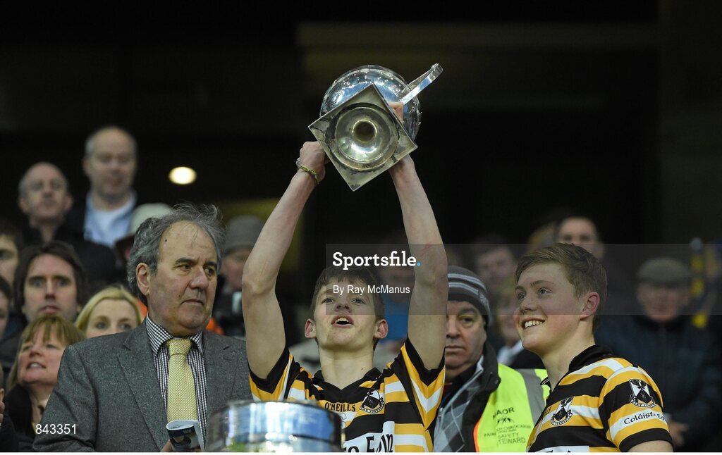 23 January 2013; Eoghan O Naoir, Coláiste Eoin, lifts the cup. Leinster Colleges Senior Football Championship Final, Coláiste Eoin v Marist Athlone. Croke Park, Dublin. Picture credit: Ray McManus / SPORTSFILE