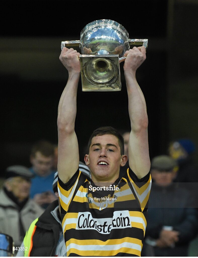 23 January 2013; Rian Mac Giolla Bhride, Coláiste Eoin, lifts the cup. Leinster Colleges Senior Football Championship Final, Coláiste Eoin v Marist Athlone. Croke Park, Dublin. Picture credit: Ray McManus / SPORTSFILE