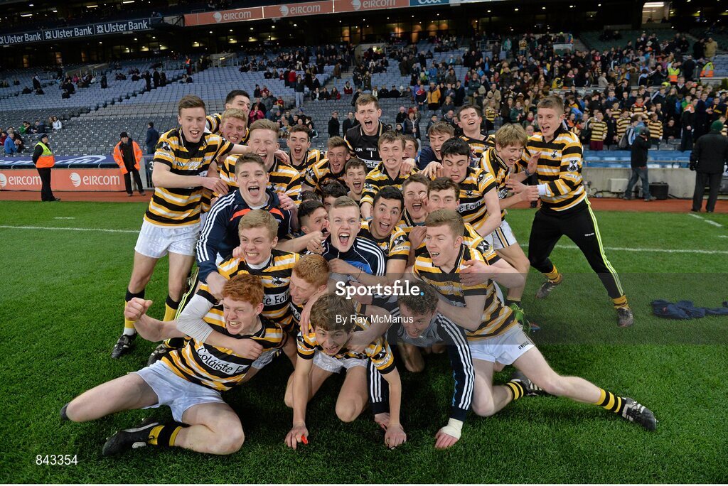 23 January 2013; The Coláiste Eoin players celebrate after the game. Leinster Colleges Senior Football Championship Final, Coláiste Eoin v Marist Athlone. Croke Park, Dublin. Picture credit: Ray McManus / SPORTSFILE