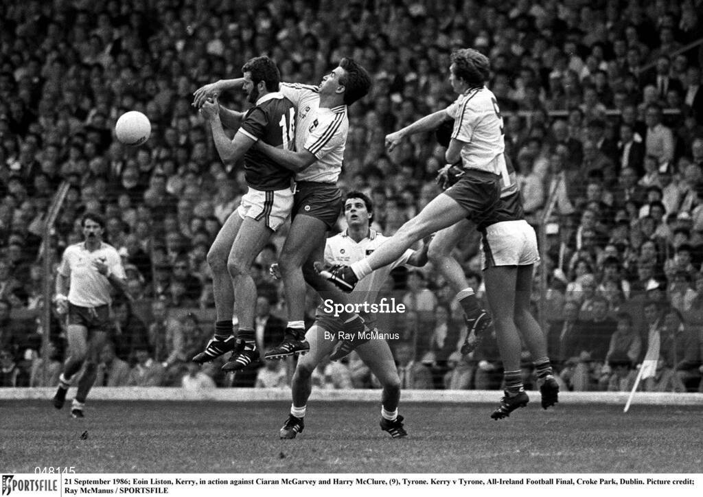 21 September 1986; Eoin Liston of Kerry in action against Ciaran McGarvey, middle, and Harry McClure of Tyrone during the All-Ireland Senior Football Championship final between Kerry and Tyrone in Croke Park, Dublin. Photo by Ray McManus/Sportsfile