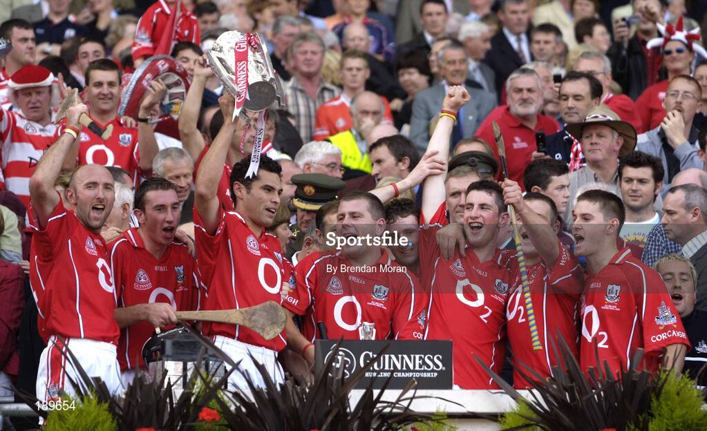 11 September 2005; Cork players including captain Sean Og O hAilpin celebrate with the Liam MacCarthy Cup after the game. Guinness All-Ireland Senior Hurling Championship Final, Galway v Cork, Croke Park, Dublin. Picture credit; Brendan Moran / SPORTSFILE *** Local Caption *** Any photograph taken by SPORTSFILE during, or in connection with, the 2005 Guinness All-Ireland Hurling Final which displays GAA logos or contains an image or part of an image of any GAA intellectual property, or, which contains images of a GAA player/players in their playing uniforms, may only be used for editorial and non-advertising purposes.  Use of photographs for advertising, as posters or for purchase separately is strictly prohibited unless prior written approval has been obtained from the Gaelic Athletic Association.