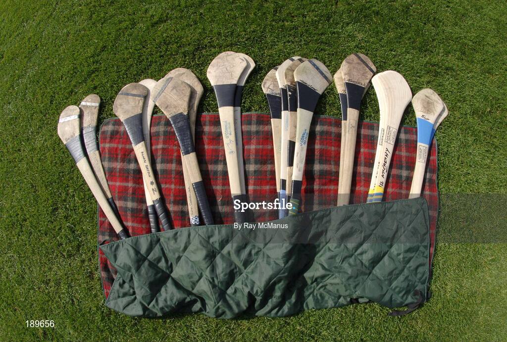 11 September 2005; Spare hurleys await Cork breakages. Guinness All-Ireland Senior Hurling Championship Final, Galway v Cork, Croke Park, Dublin. Picture credit; Ray McManus / SPORTSFILE *** Local Caption *** Any photograph taken by SPORTSFILE during, or in connection with, the 2005 Guinness All-Ireland Hurling Final which displays GAA logos or contains an image or part of an image of any GAA intellectual property, or, which contains images of a GAA player/players in their playing uniforms, may only be used for editorial and non-advertising purposes.  Use of photographs for advertising, as posters or for purchase separately is strictly prohibited unless prior written approval has been obtained from the Gaelic Athletic Association.