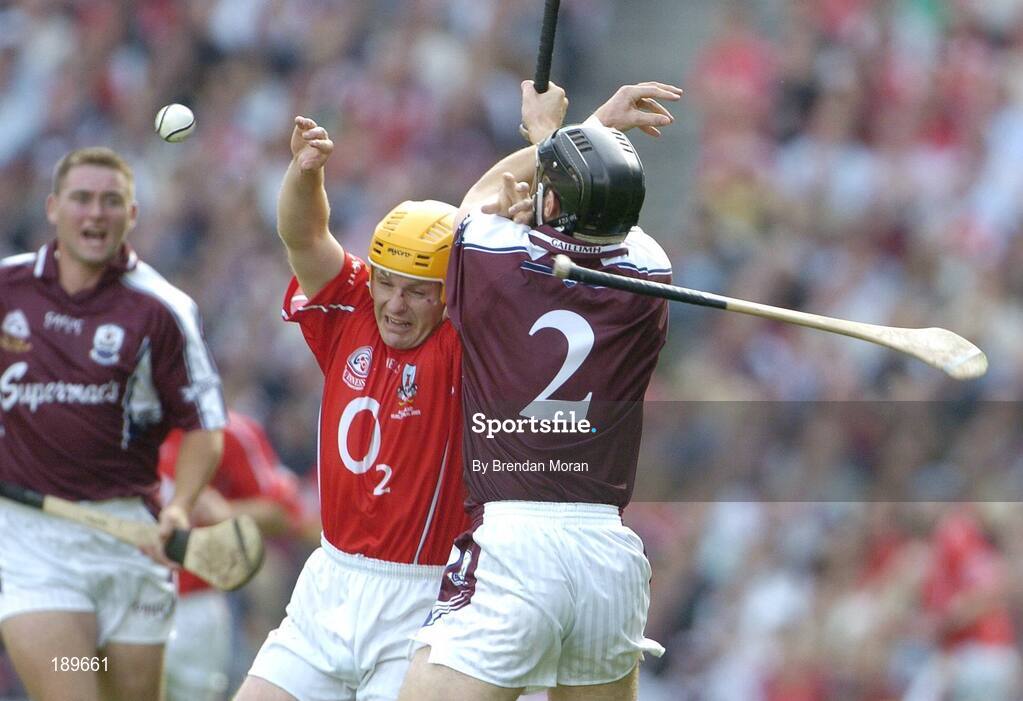 11 September 2005; Joe Deane, Cork, in action against Damien Joyce, Galway. Guinness All-Ireland Senior Hurling Championship Final, Galway v Cork, Croke Park, Dublin. Picture credit; Brendan Moran / SPORTSFILE *** Local Caption *** Any photograph taken by SPORTSFILE during, or in connection with, the 2005 Guinness All-Ireland Hurling Final which displays GAA logos or contains an image or part of an image of any GAA intellectual property, or, which contains images of a GAA player/players in their playing uniforms, may only be used for editorial and non-advertising purposes.  Use of photographs for advertising, as posters or for purchase separately is strictly prohibited unless prior written approval has been obtained from the Gaelic Athletic Association.