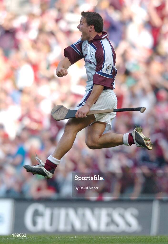 11 September 2005; Liam Donoghue, Galway goalkeeper celebrates after team-mate Damien Hayes had scored his sides first goal. Guinness All-Ireland Senior Hurling Championship Final, Galway v Cork, Croke Park, Dublin. Picture credit; David Maher / SPORTSFILE *** Local Caption *** Any photograph taken by SPORTSFILE during, or in connection with, the 2005 Guinness All-Ireland Hurling Final which displays GAA logos or contains an image or part of an image of any GAA intellectual property, or, which contains images of a GAA player/players in their playing uniforms, may only be used for editorial and non-advertising purposes.  Use of photographs for advertising, as posters or for purchase separately is strictly prohibited unless prior written approval has been obtained from the Gaelic Athletic Association.