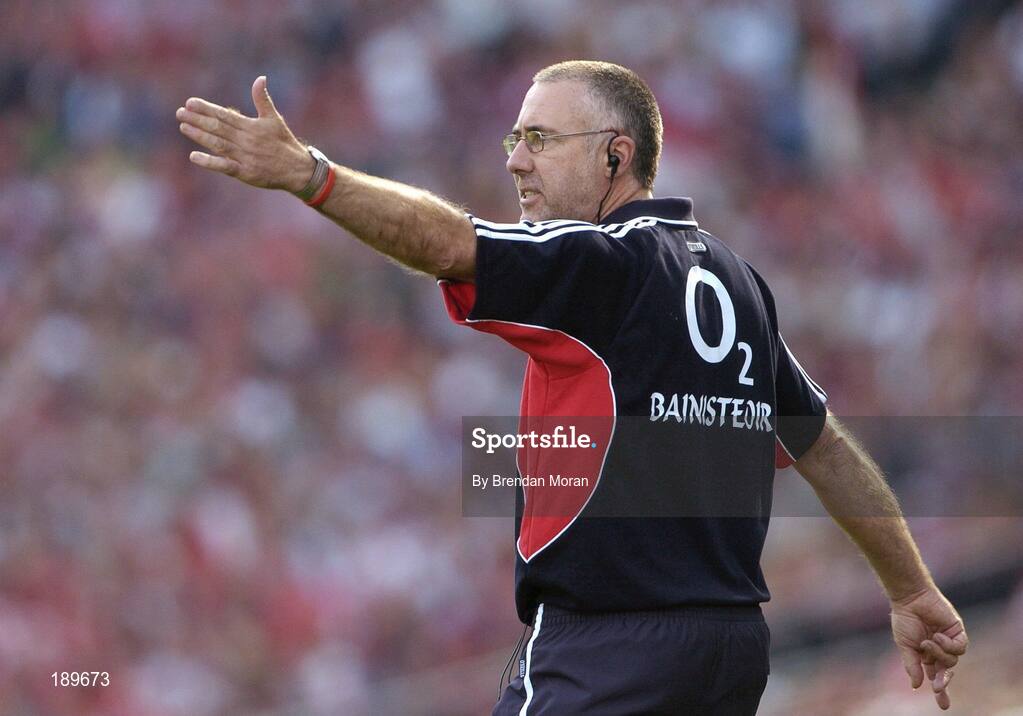 11 September 2005; Cork manager John Allen makes a point to his players during the game. Guinness All-Ireland Senior Hurling Championship Final, Galway v Cork, Croke Park, Dublin. Picture credit; Brendan Moran / SPORTSFILE *** Local Caption *** Any photograph taken by SPORTSFILE during, or in connection with, the 2005 Guinness All-Ireland Hurling Final which displays GAA logos or contains an image or part of an image of any GAA intellectual property, or, which contains images of a GAA player/players in their playing uniforms, may only be used for editorial and non-advertising purposes.  Use of photographs for advertising, as posters or for purchase separately is strictly prohibited unless prior written approval has been obtained from the Gaelic Athletic Association.