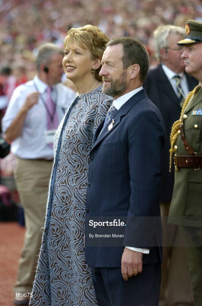 11 September 2005; President of Ireland Mary McAleese accompanied by GAA President Sean Kelly. Guinness All-Ireland Senior Hurling Championship Final, Galway v Cork, Croke Park, Dublin. Picture credit; Brendan Moran / SPORTSFILE *** Local Caption *** Any photograph taken by SPORTSFILE during, or in connection with, the 2005 Guinness All-Ireland Hurling Final which displays GAA logos or contains an image or part of an image of any GAA intellectual property, or, which contains images of a GAA player/players in their playing uniforms, may only be used for editorial and non-advertising purposes.  Use of photographs for advertising, as posters or for purchase separately is strictly prohibited unless prior written approval has been obtained from the Gaelic Athletic Association.