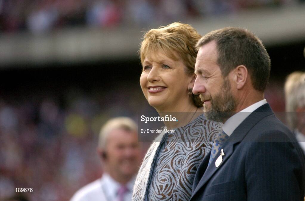 11 September 2005; President of Ireland Mary McAleese accompanied by GAA President Sean Kelly. Guinness All-Ireland Senior Hurling Championship Final, Galway v Cork, Croke Park, Dublin. Picture credit; Brendan Moran / SPORTSFILE *** Local Caption *** Any photograph taken by SPORTSFILE during, or in connection with, the 2005 Guinness All-Ireland Hurling Final which displays GAA logos or contains an image or part of an image of any GAA intellectual property, or, which contains images of a GAA player/players in their playing uniforms, may only be used for editorial and non-advertising purposes.  Use of photographs for advertising, as posters or for purchase separately is strictly prohibited unless prior written approval has been obtained from the Gaelic Athletic Association.