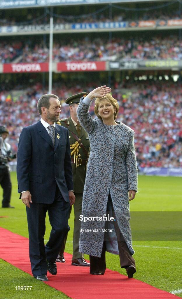 11 September 2005; President of Ireland Mary McAleese accompanied by GAA President Sean Kelly. Guinness All-Ireland Senior Hurling Championship Final, Galway v Cork, Croke Park, Dublin. Picture credit; Brendan Moran / SPORTSFILE *** Local Caption *** Any photograph taken by SPORTSFILE during, or in connection with, the 2005 Guinness All-Ireland Hurling Final which displays GAA logos or contains an image or part of an image of any GAA intellectual property, or, which contains images of a GAA player/players in their playing uniforms, may only be used for editorial and non-advertising purposes.  Use of photographs for advertising, as posters or for purchase separately is strictly prohibited unless prior written approval has been obtained from the Gaelic Athletic Association.