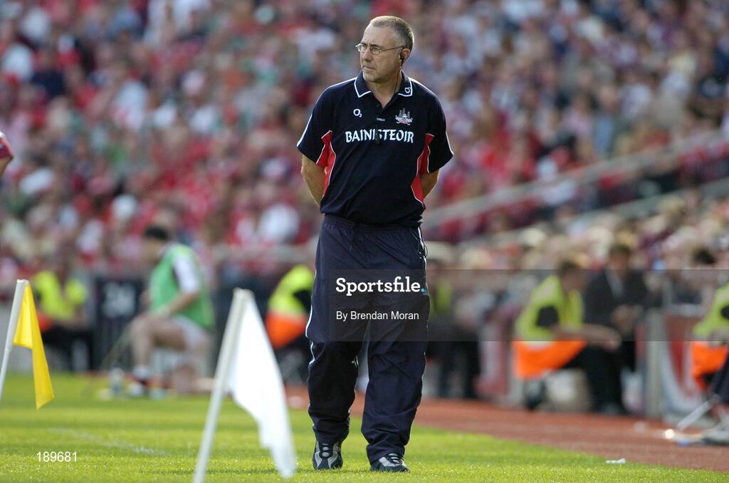 11 September 2005; John Allen, Cork manager during the game. Guinness All-Ireland Senior Hurling Championship Final, Galway v Cork, Croke Park, Dublin. Picture credit; Brendan Moran / SPORTSFILE *** Local Caption *** Any photograph taken by SPORTSFILE during, or in connection with, the 2005 Guinness All-Ireland Hurling Final which displays GAA logos or contains an image or part of an image of any GAA intellectual property, or, which contains images of a GAA player/players in their playing uniforms, may only be used for editorial and non-advertising purposes.  Use of photographs for advertising, as posters or for purchase separately is strictly prohibited unless prior written approval has been obtained from the Gaelic Athletic Association.