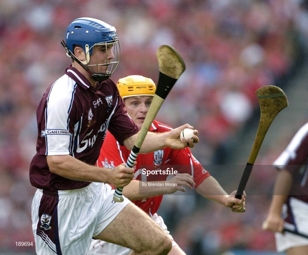 11 September 2005; David Collins, Galway, in action against Joe Deane, Cork. Guinness All-Ireland Senior Hurling Championship Final, Galway v Cork, Croke Park, Dublin. Picture credit; Brendan Moran / SPORTSFILE *** Local Caption *** Any photograph taken by SPORTSFILE during, or in connection with, the 2005 Guinness All-Ireland Hurling Final which displays GAA logos or contains an image or part of an image of any GAA intellectual property, or, which contains images of a GAA player/players in their playing uniforms, may only be used for editorial and non-advertising purposes.  Use of photographs for advertising, as posters or for purchase separately is strictly prohibited unless prior written approval has been obtained from the Gaelic Athletic Association.