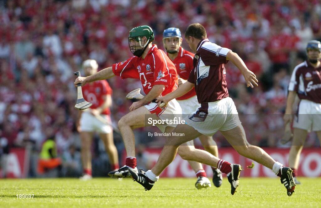 11 September 2005; Jerry O'Connor, Cork, in action against Derick Hardiman, Galway. Guinness All-Ireland Senior Hurling Championship Final, Galway v Cork, Croke Park, Dublin. Picture credit; Brendan Moran / SPORTSFILE *** Local Caption *** Any photograph taken by SPORTSFILE during, or in connection with, the 2005 Guinness All-Ireland Hurling Final which displays GAA logos or contains an image or part of an image of any GAA intellectual property, or, which contains images of a GAA player/players in their playing uniforms, may only be used for editorial and non-advertising purposes.  Use of photographs for advertising, as posters or for purchase separately is strictly prohibited unless prior written approval has been obtained from the Gaelic Athletic Association.