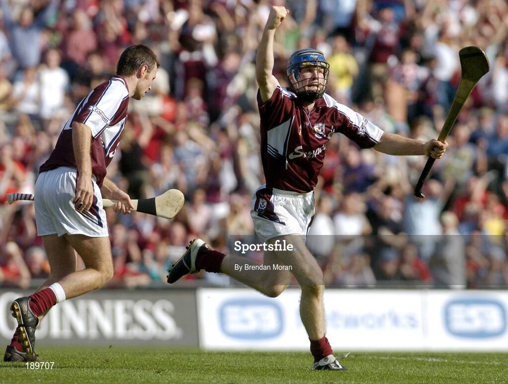 11 September 2005; Damien Hayes, Galway, celebrates scoring his sides goal. Guinness All-Ireland Senior Hurling Championship Final, Galway v Cork, Croke Park, Dublin. Picture credit; Brendan Moran / SPORTSFILE *** Local Caption *** Any photograph taken by SPORTSFILE during, or in connection with, the 2005 Guinness All-Ireland Hurling Final which displays GAA logos or contains an image or part of an image of any GAA intellectual property, or, which contains images of a GAA player/players in their playing uniforms, may only be used for editorial and non-advertising purposes.  Use of photographs for advertising, as posters or for purchase separately is strictly prohibited unless prior written approval has been obtained from the Gaelic Athletic Association.