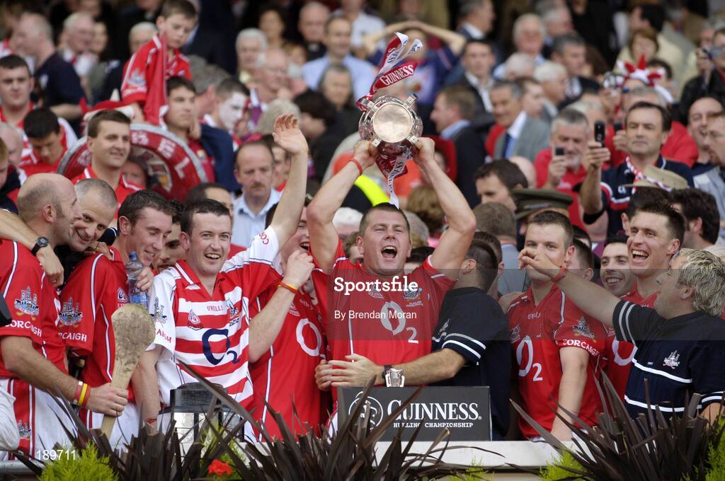 11 September 2005; Cork's Diarmuid O'Sullivan lifts the Liam MacCarthy Cup after victory over Galway. Guinness All-Ireland Senior Hurling Championship Final, Galway v Cork, Croke Park, Dublin. Picture credit; Brendan Moran / SPORTSFILE *** Local Caption *** Any photograph taken by SPORTSFILE during, or in connection with, the 2005 Guinness All-Ireland Hurling Final which displays GAA logos or contains an image or part of an image of any GAA intellectual property, or, which contains images of a GAA player/players in their playing uniforms, may only be used for editorial and non-advertising purposes.  Use of photographs for advertising, as posters or for purchase separately is strictly prohibited unless prior written approval has been obtained from the Gaelic Athletic Association.