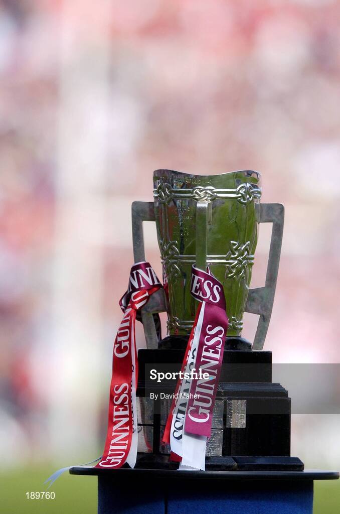 11 September 2005; The Liam MacCarthy Cup with the Cork and Galway colours before the game. Guinness All-Ireland Senior Hurling Championship Final, Galway v Cork, Croke Park, Dublin. Picture credit; David Maher / SPORTSFILE *** Local Caption *** Any photograph taken by SPORTSFILE during, or in connection with, the 2005 Guinness All-Ireland Hurling Final which displays GAA logos or contains an image or part of an image of any GAA intellectual property, or, which contains images of a GAA player/players in their playing uniforms, may only be used for editorial and non-advertising purposes.  Use of photographs for advertising, as posters or for purchase separately is strictly prohibited unless prior written approval has been obtained from the Gaelic Athletic Association.