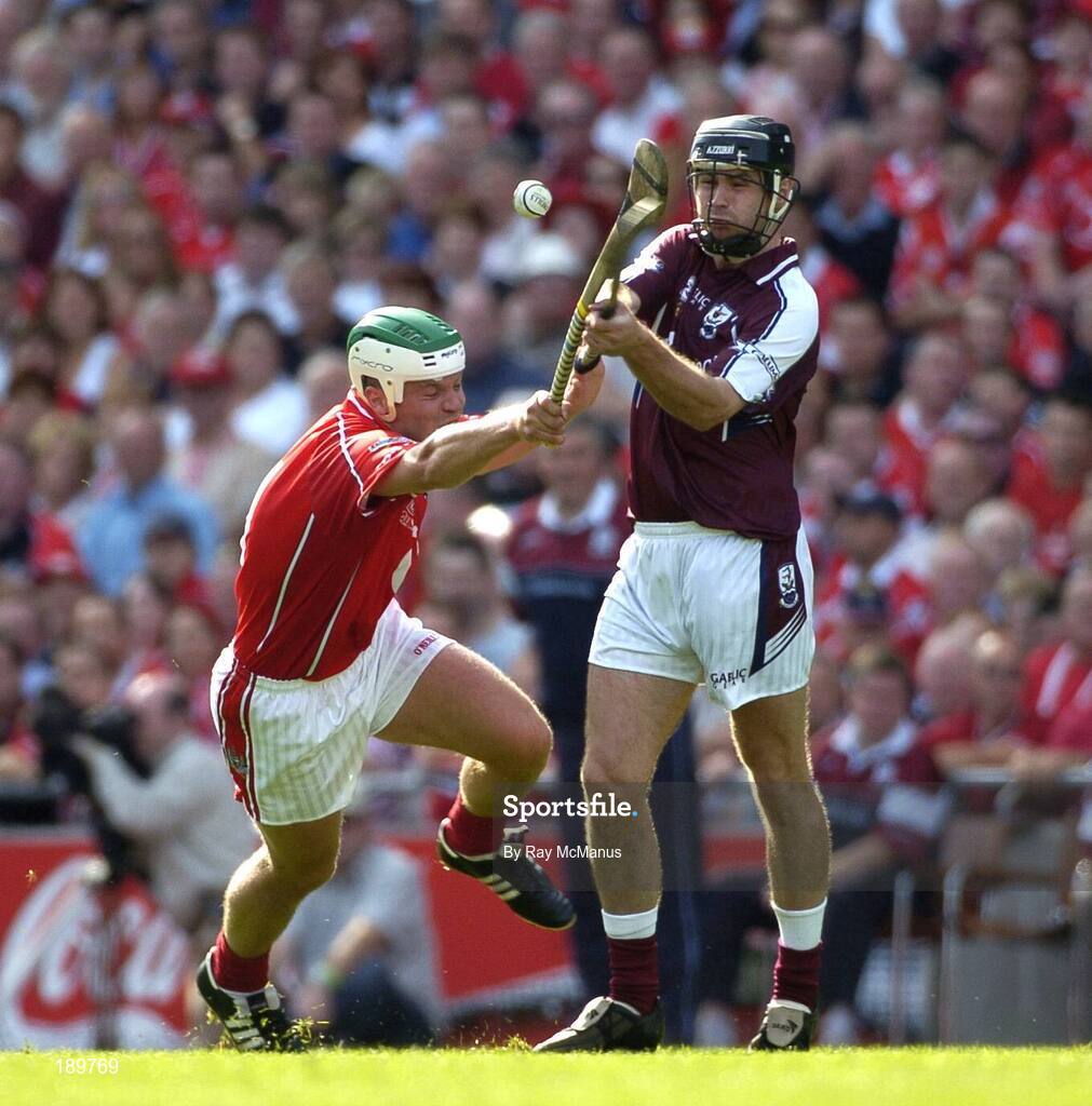 11 September 2005; Richie Murray, Galway, in action against Niall McCarthy, Cork. Guinness All-Ireland Senior Hurling Championship Final, Galway v Cork, Croke Park, Dublin. Picture credit; Ray McManus / SPORTSFILE *** Local Caption *** Any photograph taken by SPORTSFILE during, or in connection with, the 2005 Guinness All-Ireland Hurling Final which displays GAA logos or contains an image or part of an image of any GAA intellectual property, or, which contains images of a GAA player/players in their playing uniforms, may only be used for editorial and non-advertising purposes.  Use of photographs for advertising, as posters or for purchase separately is strictly prohibited unless prior written approval has been obtained from the Gaelic Athletic Association.