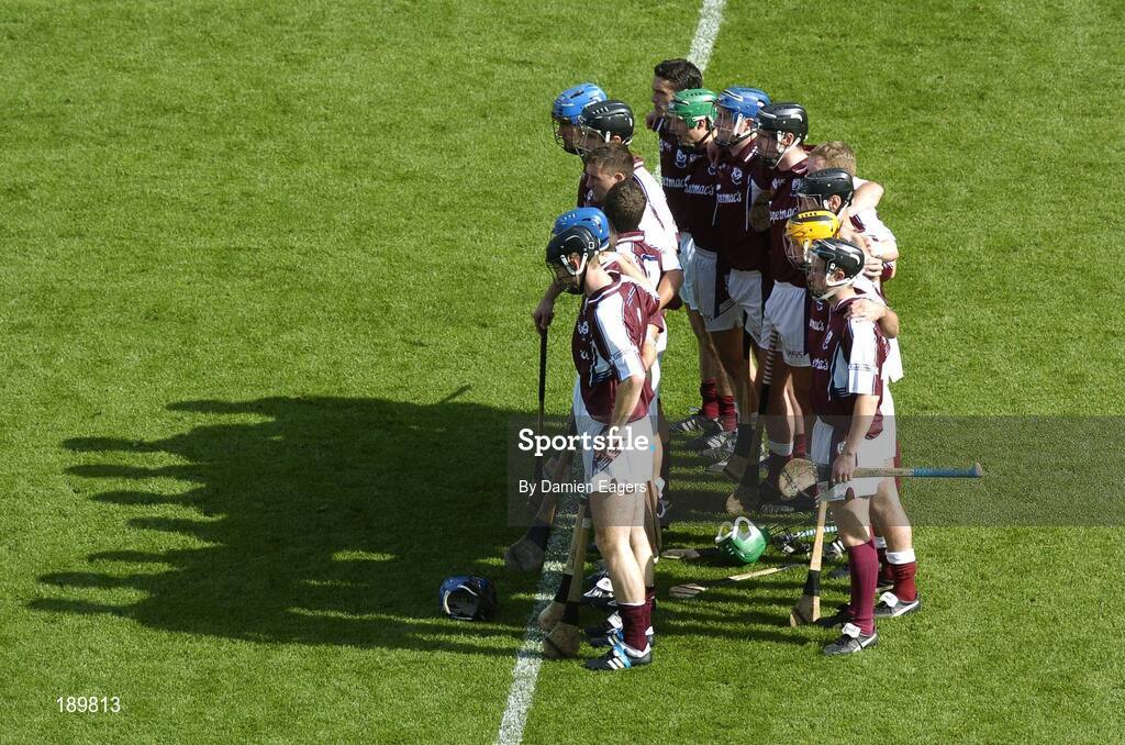 11 September 2005; The Galway team stand for the national anthem, Amhrain na bhFiann. Guinness All-Ireland Senior Hurling Championship Final, Galway v Cork, Croke Park, Dublin. Picture credit; Damien Eagers / SPORTSFILE *** Local Caption *** Any photograph taken by SPORTSFILE during, or in connection with, the 2005 Guinness All-Ireland Hurling Final which displays GAA logos or contains an image or part of an image of any GAA intellectual property, or, which contains images of a GAA player/players in their playing uniforms, may only be used for editorial and non-advertising purposes.  Use of photographs for advertising, as posters or for purchase separately is strictly prohibited unless prior written approval has been obtained from the Gaelic Athletic Association.