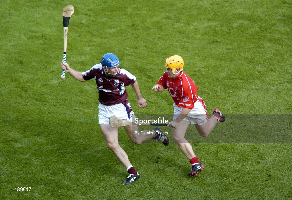 11 September 2005; David Collins, Galway, in action against Joe Deane, Cork. Guinness All-Ireland Senior Hurling Championship Final, Galway v Cork, Croke Park, Dublin. Picture credit; Damien Eagers / SPORTSFILE *** Local Caption *** Any photograph taken by SPORTSFILE during, or in connection with, the 2005 Guinness All-Ireland Hurling Final which displays GAA logos or contains an image or part of an image of any GAA intellectual property, or, which contains images of a GAA player/players in their playing uniforms, may only be used for editorial and non-advertising purposes.  Use of photographs for advertising, as posters or for purchase separately is strictly prohibited unless prior written approval has been obtained from the Gaelic Athletic Association.