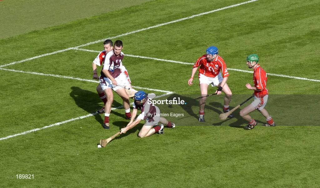 11 September 2005; Damien Hayes, Galway, scores a goal despite the attentions of Cork goalkeeper Donal Og Cusack,  Pat Mulcahy and Brian Murphy. Guinness All-Ireland Senior Hurling Championship Final, Galway v Cork, Croke Park, Dublin. Picture credit; Damien Eagers / SPORTSFILE *** Local Caption *** Any photograph taken by SPORTSFILE during, or in connection with, the 2005 Guinness All-Ireland Hurling Final which displays GAA logos or contains an image or part of an image of any GAA intellectual property, or, which contains images of a GAA player/players in their playing uniforms, may only be used for editorial and non-advertising purposes.  Use of photographs for advertising, as posters or for purchase separately is strictly prohibited unless prior written approval has been obtained from the Gaelic Athletic Association.