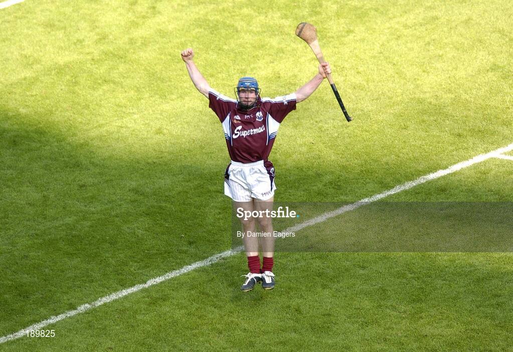 11 September 2005; Galway's Damien Hayes celebrates after scoring a goal, Guinness All-Ireland Senior Hurling Championship Final, Galway v Cork, Croke Park, Dublin. Picture credit; Damien Eagers / SPORTSFILE *** Local Caption *** Any photograph taken by SPORTSFILE during, or in connection with, the 2005 Guinness All-Ireland Hurling Final which displays GAA logos or contains an image or part of an image of any GAA intellectual property, or, which contains images of a GAA player/players in their playing uniforms, may only be used for editorial and non-advertising purposes.  Use of photographs for advertising, as posters or for purchase separately is strictly prohibited unless prior written approval has been obtained from the Gaelic Athletic Association.