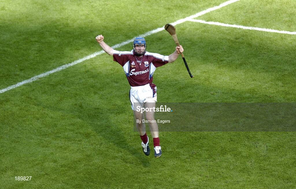 11 September 2005; Galway's Damien Hayes celebrates after scoring a goal, Guinness All-Ireland Senior Hurling Championship Final, Galway v Cork, Croke Park, Dublin. Picture credit; Damien Eagers / SPORTSFILE *** Local Caption *** Any photograph taken by SPORTSFILE during, or in connection with, the 2005 Guinness All-Ireland Hurling Final which displays GAA logos or contains an image or part of an image of any GAA intellectual property, or, which contains images of a GAA player/players in their playing uniforms, may only be used for editorial and non-advertising purposes.  Use of photographs for advertising, as posters or for purchase separately is strictly prohibited unless prior written approval has been obtained from the Gaelic Athletic Association.