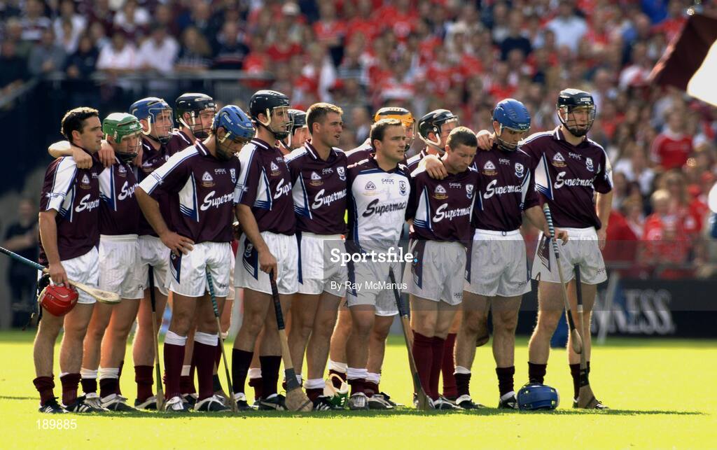 11 September 2005; The Galway players stand for the national anthem. Guinness All-Ireland Senior Hurling Championship Final, Galway v Cork, Croke Park, Dublin. Picture credit; Ray McManus / SPORTSFILE *** Local Caption *** Any photograph taken by SPORTSFILE during, or in connection with, the 2005 Guinness All-Ireland Hurling Final which displays GAA logos or contains an image or part of an image of any GAA intellectual property, or, which contains images of a GAA player/players in their playing uniforms, may only be used for editorial and non-advertising purposes.  Use of photographs for advertising, as posters or for purchase separately is strictly prohibited unless prior written approval has been obtained from the Gaelic Athletic Association.