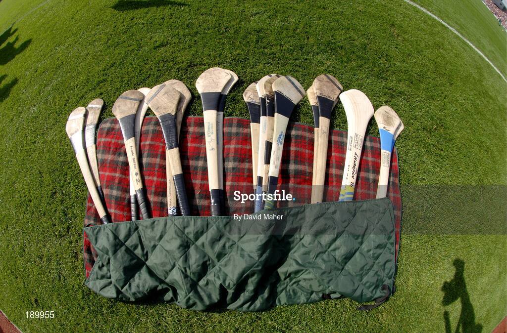 11 September 2005; Replacement Cork hurls left on the side of the pitch. Guinness All-Ireland Senior Hurling Championship Final, Galway v Cork, Croke Park, Dublin. Picture credit; David Maher / SPORTSFILE *** Local Caption *** Any photograph taken by SPORTSFILE during, or in connection with, the 2005 Guinness All-Ireland Hurling Final which displays GAA logos or contains an image or part of an image of any GAA intellectual property, or, which contains images of a GAA player/players in their playing uniforms, may only be used for editorial and non-advertising purposes.  Use of photographs for advertising, as posters or for purchase separately is strictly prohibited unless prior written approval has been obtained from the Gaelic Athletic Association.