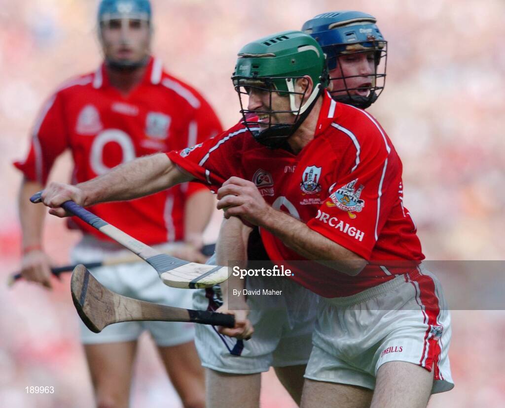 11 September 2005; Jerry O'Connor, Cork, in action against Damien Hayes, Galway. Guinness All-Ireland Senior Hurling Championship Final, Galway v Cork, Croke Park, Dublin. Picture credit; David Maher / SPORTSFILE *** Local Caption *** Any photograph taken by SPORTSFILE during, or in connection with, the 2005 Guinness All-Ireland Hurling Final which displays GAA logos or contains an image or part of an image of any GAA intellectual property, or, which contains images of a GAA player/players in their playing uniforms, may only be used for editorial and non-advertising purposes.  Use of photographs for advertising, as posters or for purchase separately is strictly prohibited unless prior written approval has been obtained from the Gaelic Athletic Association.
