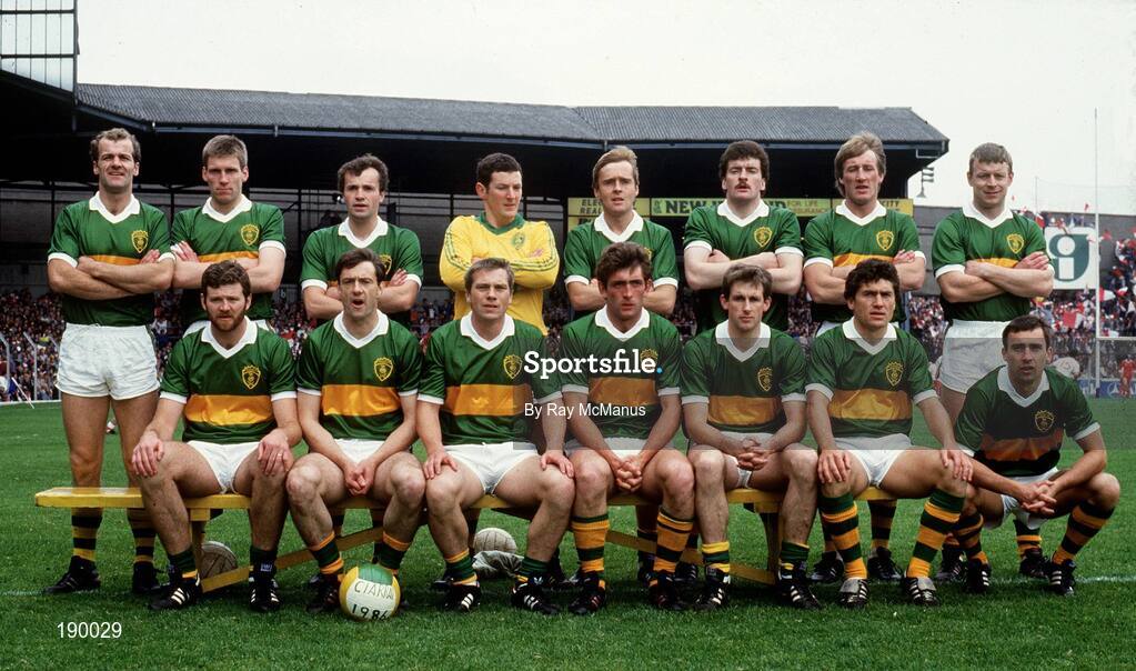 21 September 1986; The Kerry team, back row, from left, Jack O'Shea, Tom Spillane, Mikey Sheehy, Charlie Nelligan, Ger Lynch, Willie Maher, Pat Spillane and Sean Walsh, front row, from left, Eoin Liston, Tommy Doyle, Paidi O Se, Ambrose O'Donovan, Mick Spillane, Ger Power and Denis Ogie Moran ahead of the All-Ireland Football Final match between Kerry and Tyrone at Croke Park in Dublin. Photo by Ray McManus/Sportsfile