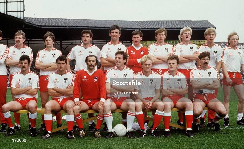 21 September 1986; The Tyrone team, back row, from left, Damien O'Hagan, Paudge Quinn, Paddy Ball, Kieran McGarvey, Martin Dorman, Harry McClure, Plunkett Donaghy, Stephen Conway and Sean McNally. Front, from left, Michael Mallon, Joe Mallon, Aidan Skelton, Eugene McKenna, John Lynch, Noel McGinn and Kevin McCabe ahead of the All-Ireland Senior Football Championship final between Kerry and Tyrone in Croke Park, Dublin. Photo by Ray McManus/Sportsfile