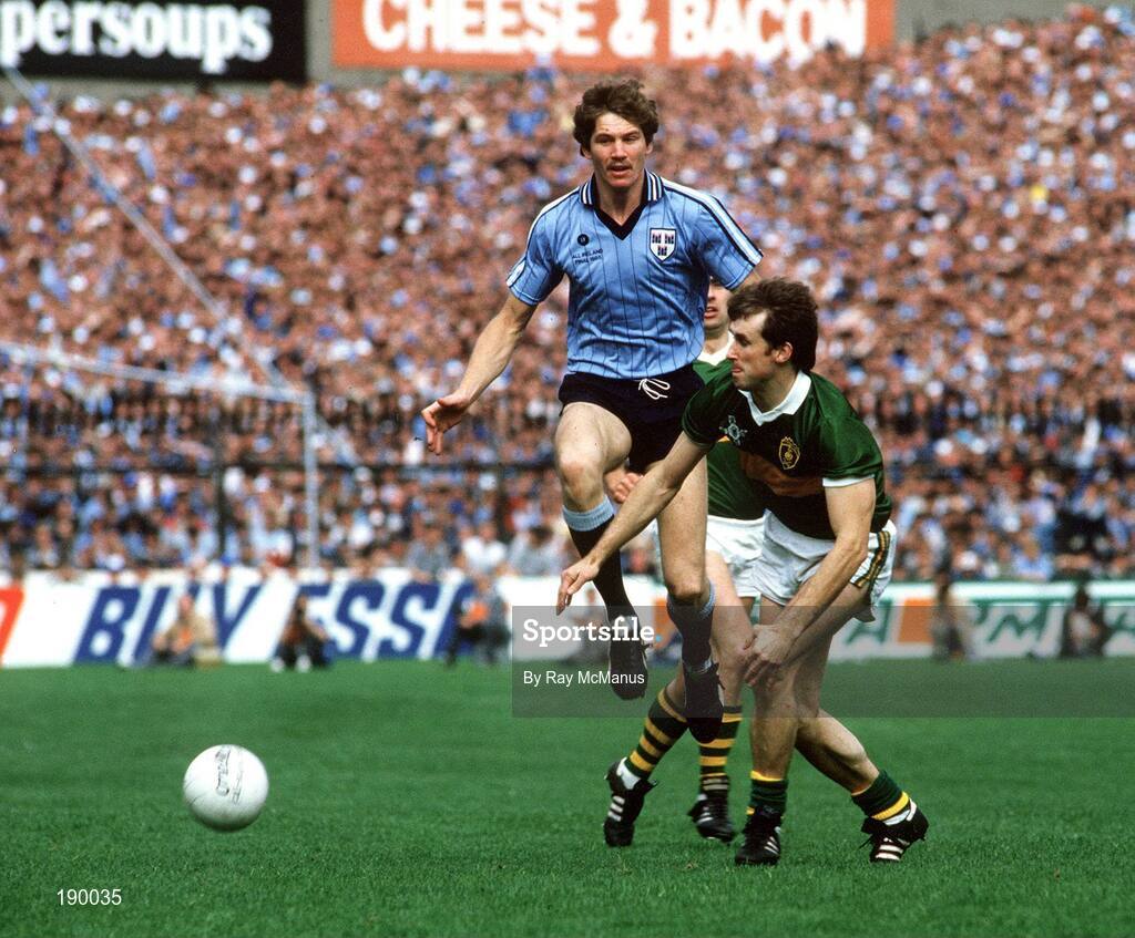 22 September 1985; Mick Spillane of Kerry in action against John Kearns of Dublin during the All Ireland Football Championship Final match between Kerry and Dublin at Croke Park, Dublin. Photo by Ray McManus/Sportsfile