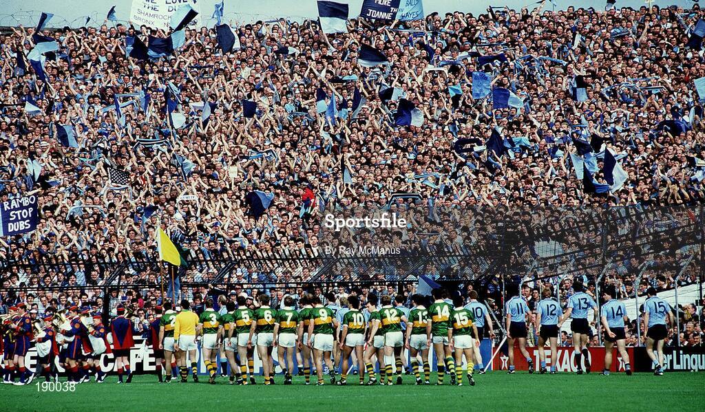 22 September 1985; The Kerry and Dublin teams march in front of Hill 16 during the pre-match parade before the All Ireland Football Championship Final match between Kerry and Dublin at Croke Park, Dublin. Photo by Ray McManus/Sportsfile