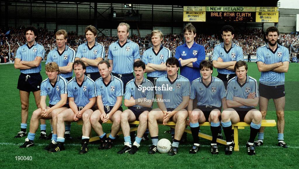 22 September 1985; The Dublin team, back from left, Tommy Conroy, Barney Rock, John Kearns, Brian Mullins, Ray Hazley, John O'Leary, Gerry Hargan and Kieran Duff. Front, from left, Charlie Redmond, Mick Kennedy, Noel Caffrey, Davy Sinnott, Joe McNally, Pat Canavan and Jim Ronayne before the All Ireland Football Championship Final match between Kerry and Dublin at Croke Park, Dublin. Photo by Ray McManus/Sportsfile
