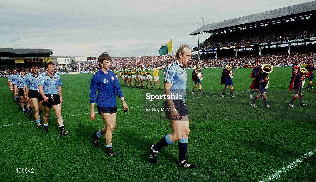 22 September 1985; Dublin captain Brian Mullins leads his side in the pre-match parade befroe the All-Ireland Football Final match between Kerry and Dublin at Croke Park, Dublin. Photo by Ray McManus/Sportsfile