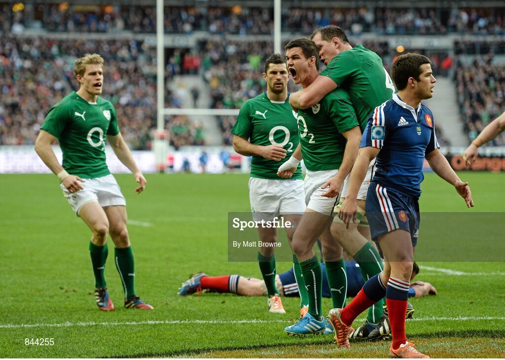 15 March 2014; Jonathan Sexton, Ireland, celebrates scoring his side's first try with teammate Devon Toner. RBS Six Nations Rugby Championship 2014, France v Ireland, Stade De France, Saint Denis, Paris, France. Picture credit: Matt Browne / SPORTSFILE