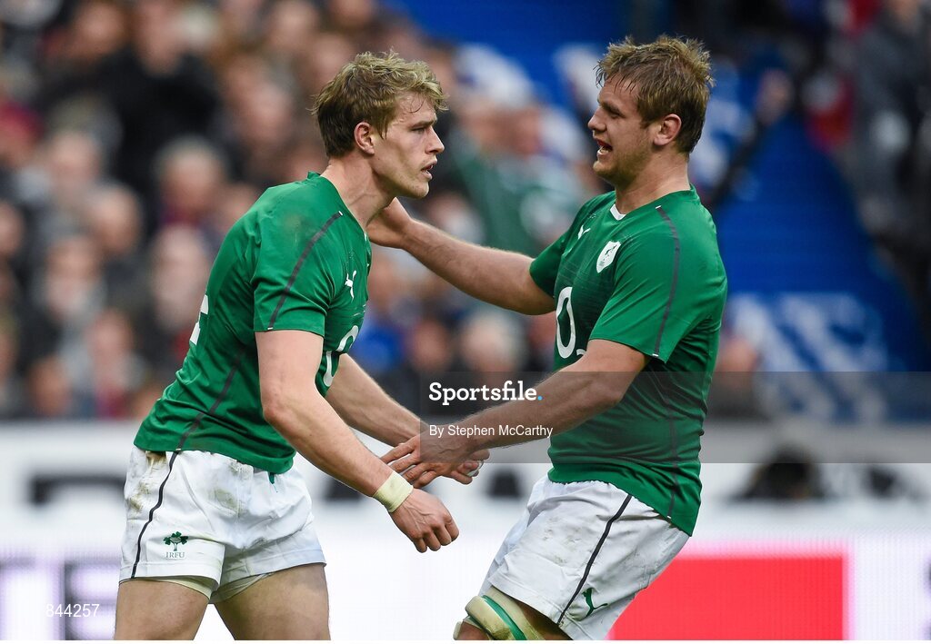 15 March 2014; Andrew Trimble, Ireland, celebrates after scoring his side's second try with team-mate Chris Henry, right. RBS Six Nations Rugby Championship 2014, France v Ireland. Stade De France, Saint Denis, Paris, France. Picture credit: Stephen McCarthy / SPORTSFILE