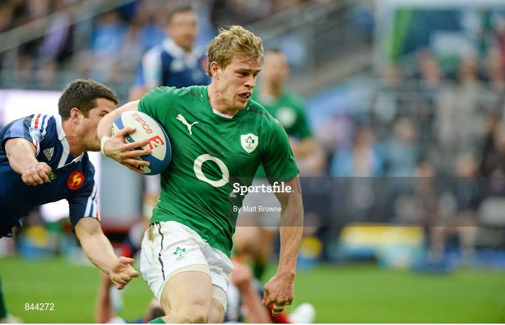 15 March 2014; Andrew Trimble, Ireland, crosses the line to score his side's second try. RBS Six Nations Rugby Championship 2014, France v Ireland, Stade De France, Saint Denis, Paris, France. Picture credit: Matt Browne / SPORTSFILE