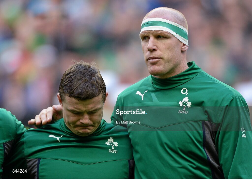 15 March 2014; Ireland's Brian O'Driscoll and Paul O'Connell, right, during the National Anthem ahead of the game. RBS Six Nations Rugby Championship 2014, France v Ireland, Stade De France, Saint Denis, Paris, France. Picture credit: Matt Browne / SPORTSFILE