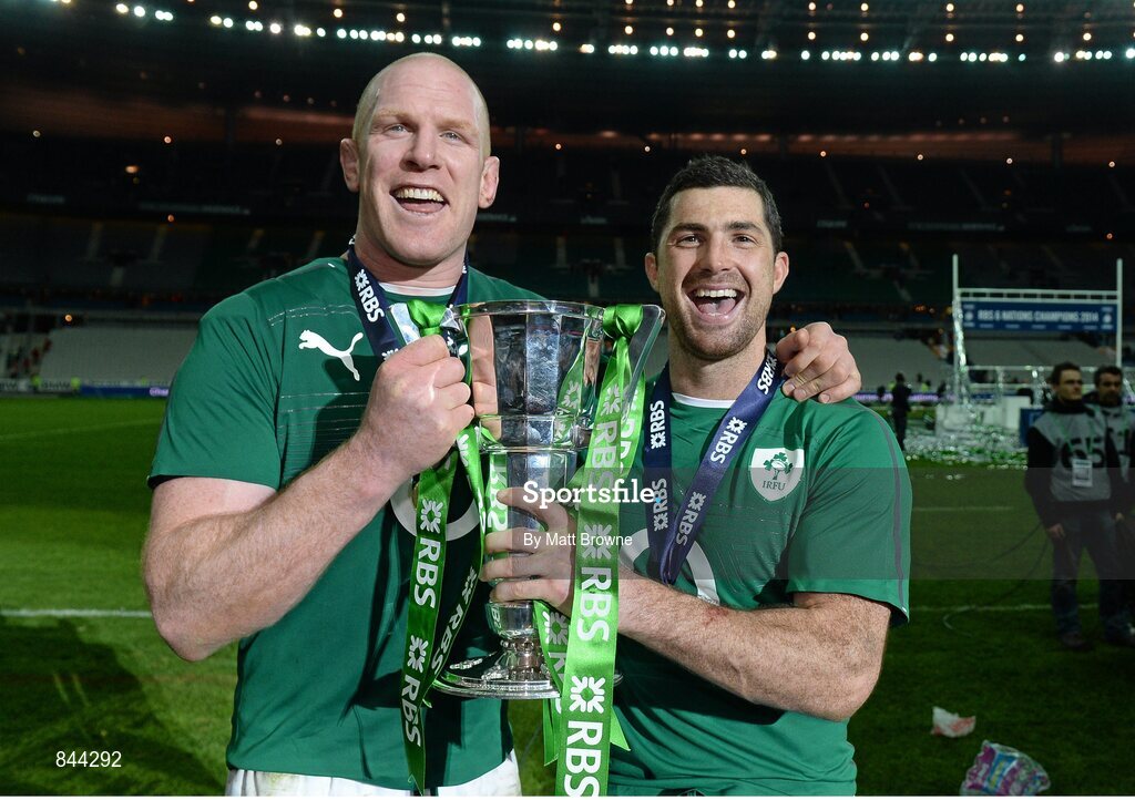15 March 2014; Ireland players Paul O'Connell, left and Rob Kearney celebrate winning the 2014 RBS six nations championship after beating France. RBS Six Nations Rugby Championship 2014, France v Ireland, Stade De France, Saint Denis, Paris, France. Picture credit: Matt Browne / SPORTSFILE