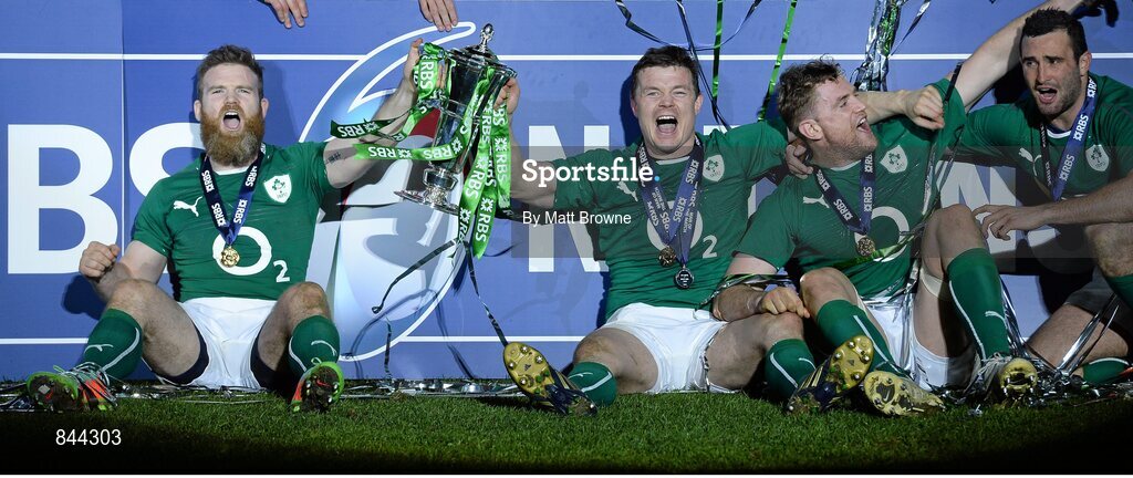 15 March 2014; Ireland's Gordon D'Arcy, Brian O'Driscoll, Jamie Heaslip and Dave Kearney celebrate the with RBS Six Nations Rugby Championship 2014 trophy. RBS Six Nations Rugby Championship 2014, France v Ireland, Stade De France, Saint Denis, Paris, France. Picture credit: Matt Browne / SPORTSFILE