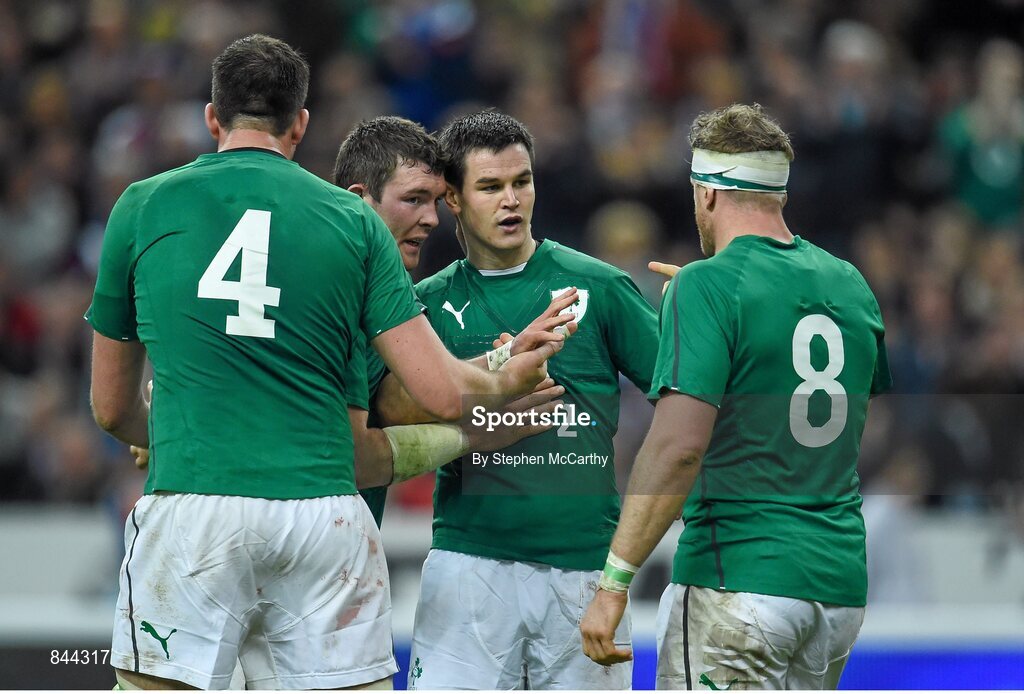 15 March 2014; Jonathan Sexton, Ireland, is congratulated by team-mates, from left, Devin Toner, Peter O'Mahony and Jamie Heaslip after scoring his side's third try. RBS Six Nations Rugby Championship 2014, France v Ireland, Stade De France, Saint Denis, Paris, France. Picture credit: Stephen McCarthy / SPORTSFILE