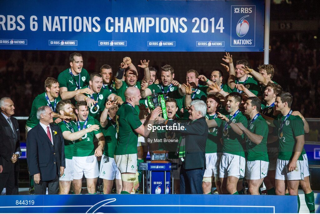 15 March 2014; Ireland captain Paul O'Connell is presented with the RBS Six Nations Championship trophy. RBS Six Nations Rugby Championship 2014, France v Ireland, Stade De France, Saint Denis, Paris, France. Picture credit: Matt Browne / SPORTSFILE