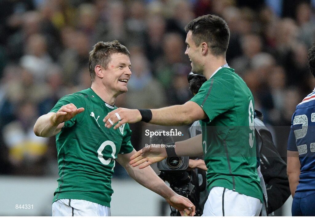 15 March 2014; Ireland's Brian O'Driscoll and Conor Murray celebrate after the final whistle. RBS Six Nations Rugby Championship 2014, France v Ireland, Stade De France, Saint Denis, Paris, France. Picture credit: Matt Browne / SPORTSFILE