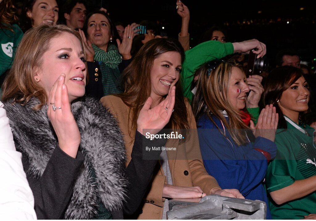 15 March 2014; Brian O'Driscoll's wife Amy Huberman, left, after the game. RBS Six Nations Rugby Championship 2014, France v Ireland, Stade De France, Saint Denis, Paris, France. Picture credit: Matt Browne / SPORTSFILE