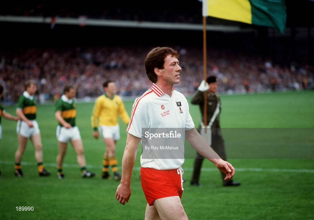 21 September 1986; Tyrone captain Eugene McKenna leads his side in the parade before the All-Ireland Senior Football Championship final between Tyrone and Kerry at Croke Park in Dublin. Photo by Ray McManus/Sportsfile