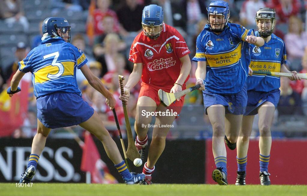 18 September 2005; Emer Dillon, Cork, in action against Una O'Dwyer (3) and Julie Kirwan, Tipperary. Tipperary v Cork, All-Ireland Senior Camogie Final, Croke Park, Dublin. Picture credit; Brian Lawless / SPORTSFILE