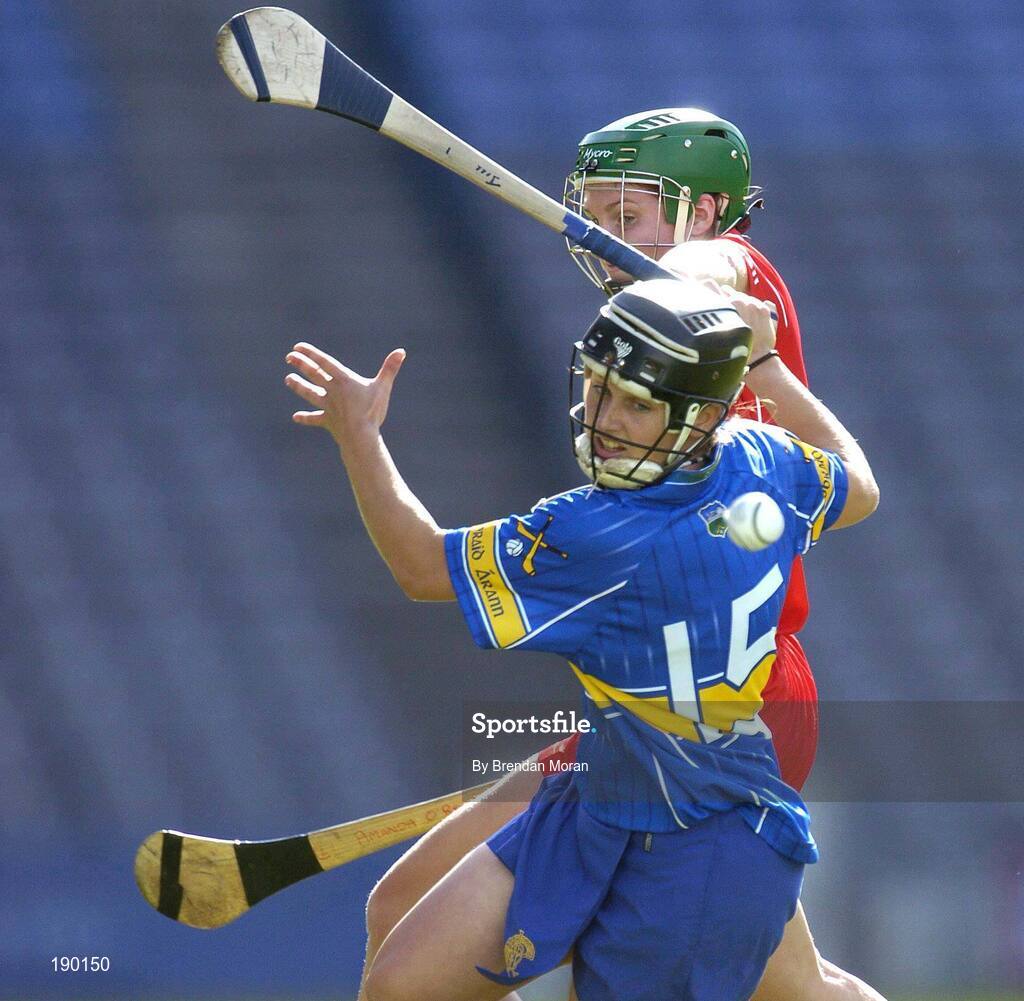 18 September 2005; Jill Horan, Tipperary, contests a dropping ball with Amanda O'Regan, Cork. Tipperary v Cork, Foras na Gaeilge All-Ireland Senior Camogie Final, Croke Park, Dublin. Picture credit; Brendan Moran / SPORTSFILE