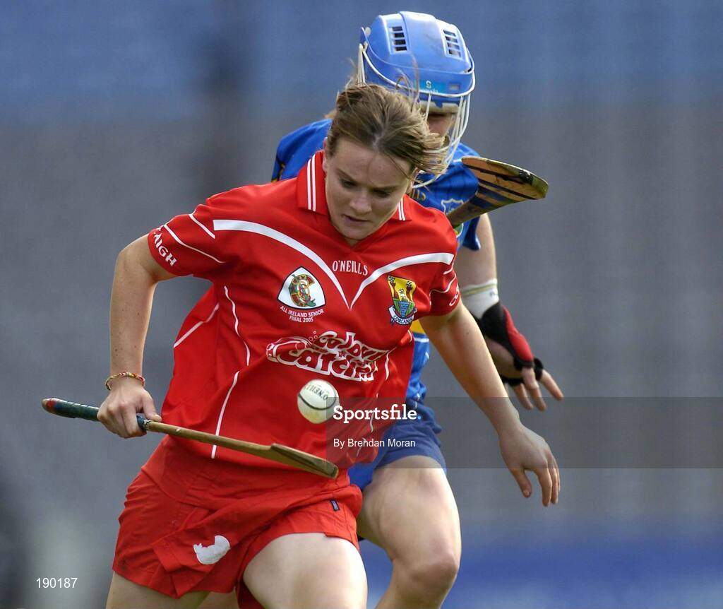 18 September 2005; Briege Corkery, Cork, holds off the challenge of Philly Fogarty, Tipperary. Tipperary v Cork, Foras na Gaeilge All-Ireland Senior Camogie Final, Croke Park, Dublin. Picture credit; Brendan Moran / SPORTSFILE